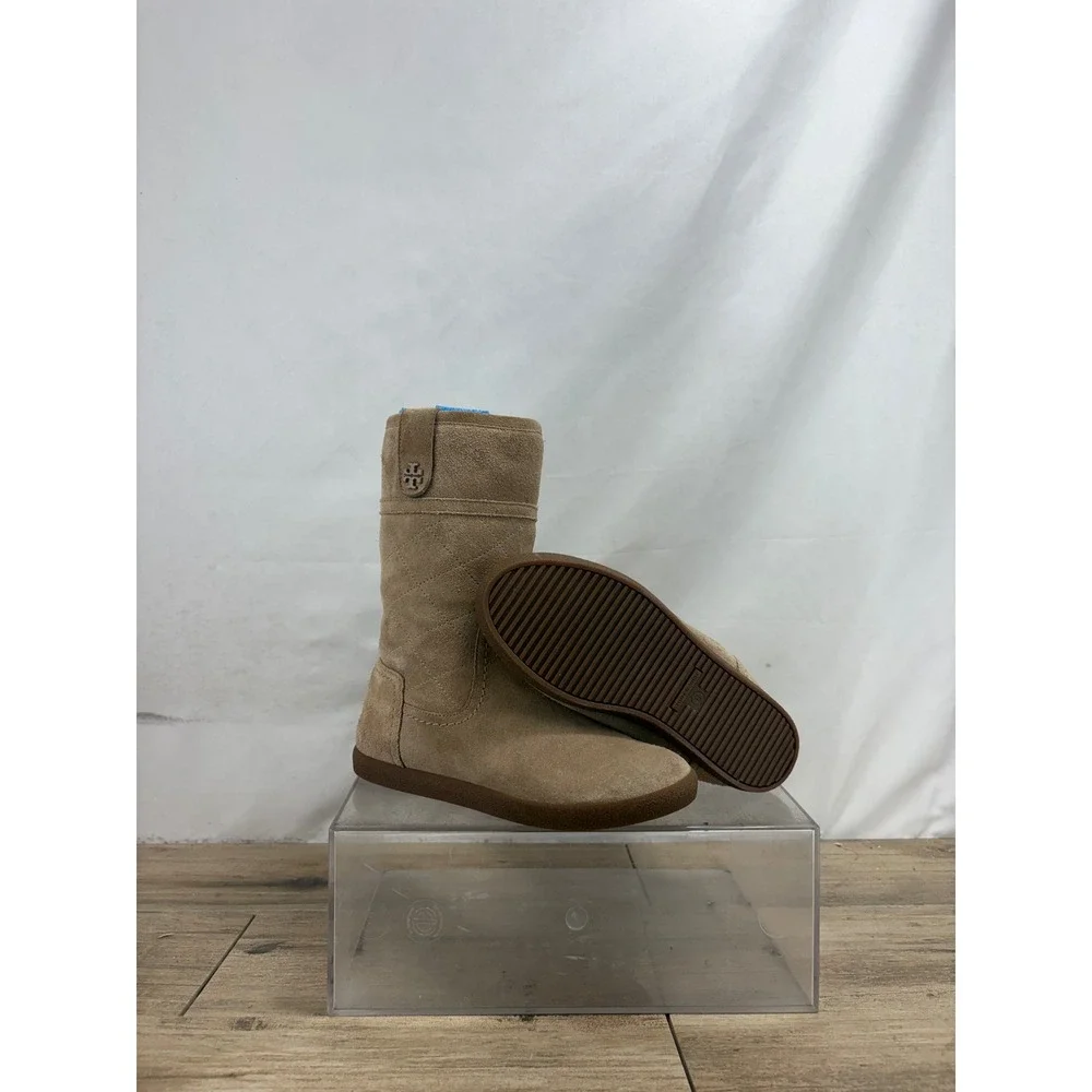 Tory Burch Womens Tan Suede Quilted Shearling Lined Mid Calf Boots 6M 31597